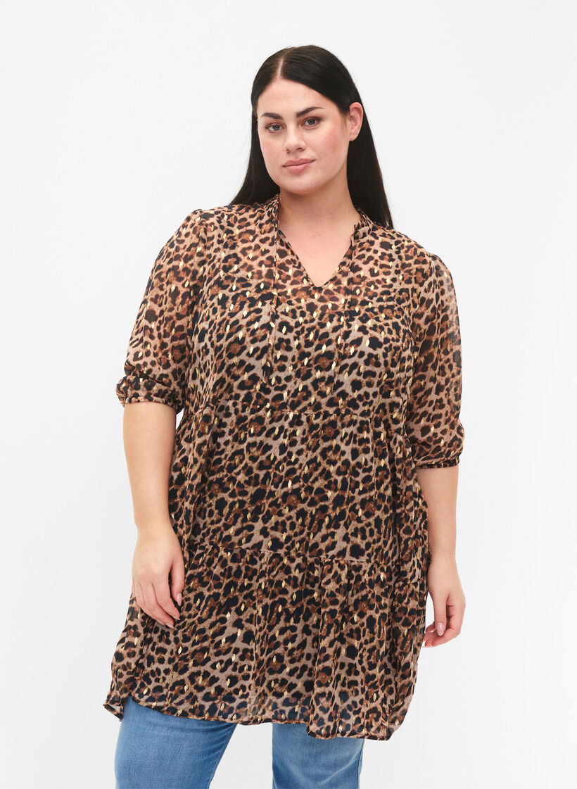 Tuniek met bloemenprint en lurex, Leopard AOP, Model image number 0