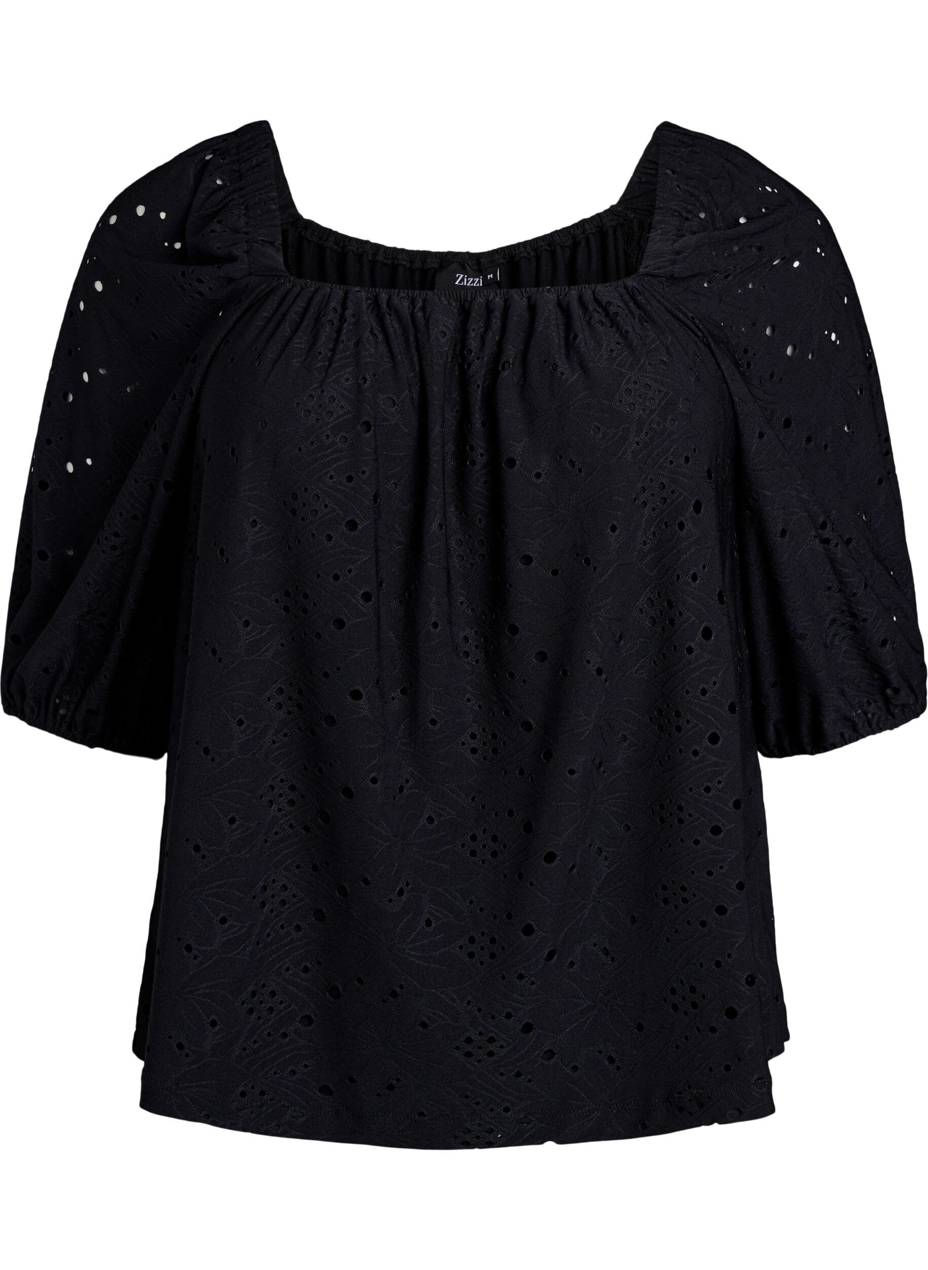 Zizzi Blouse met korte pofmouwen en een opengewerkt patroon, Zwart, Packshot image number 0