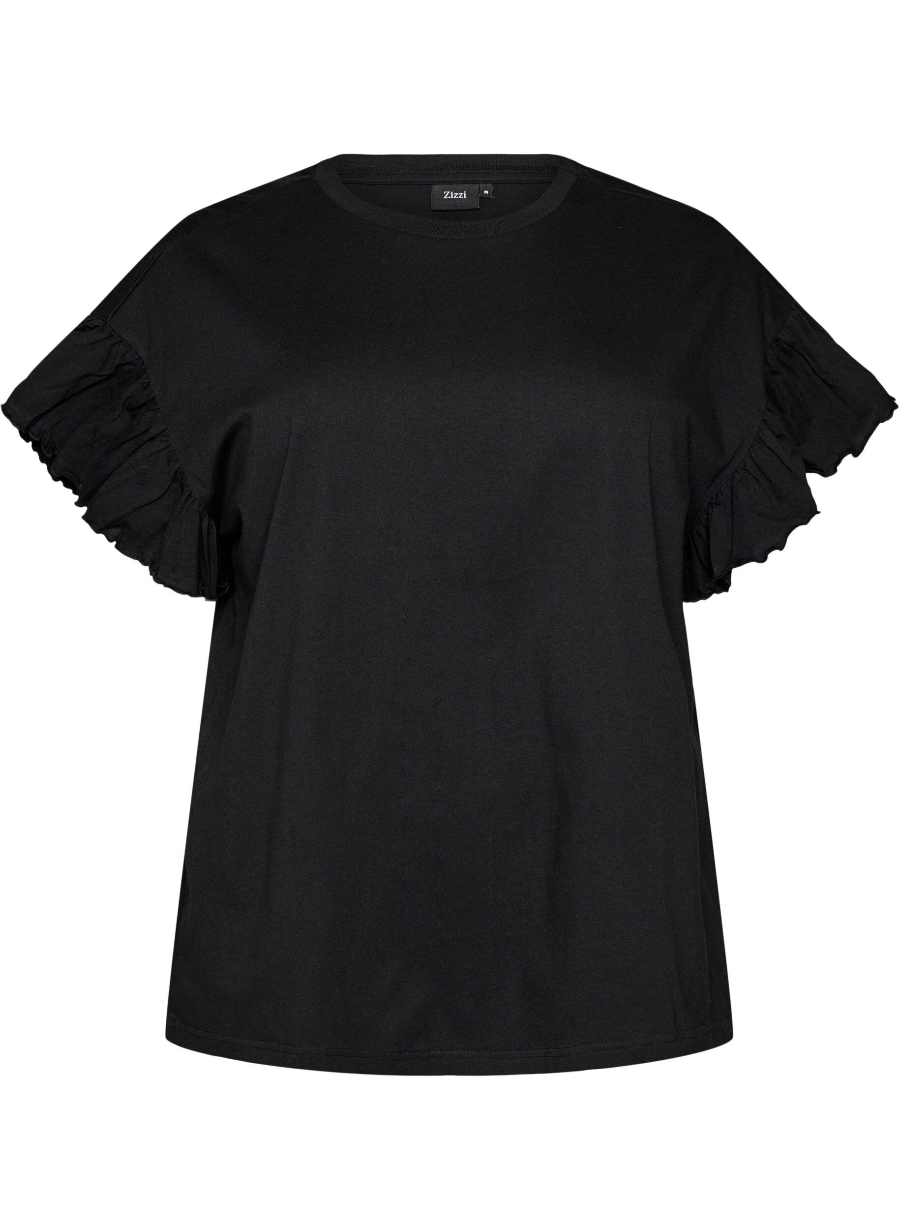 ZizziT-shirt van biologisch katoen met ruches mouwen, Zwart, Packshot image number 0