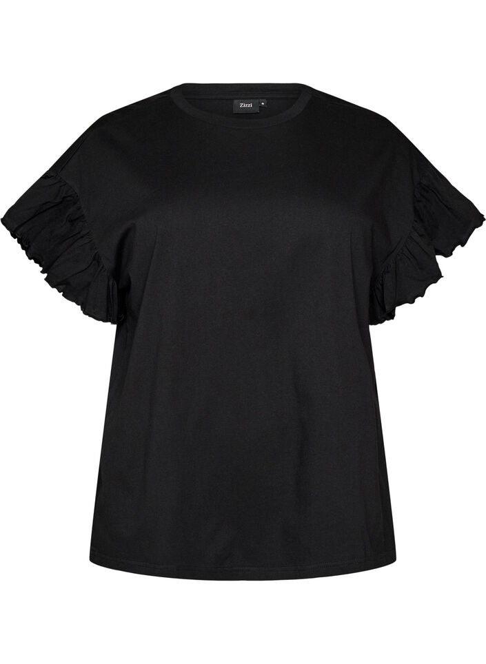T-shirt van biologisch katoen met ruches mouwen, Zwart, Packshot image number 0