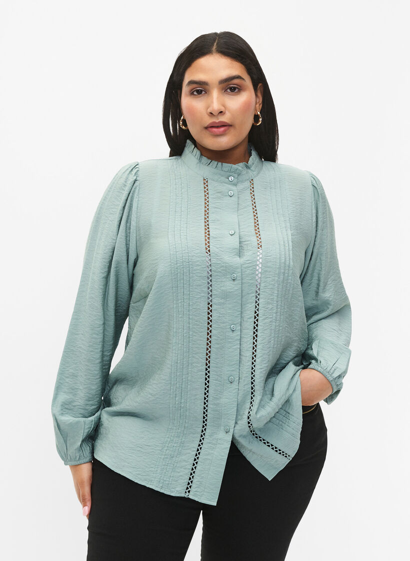 Viscose overhemdblouse met rucheskraag, Chinois Green, Model image number 0