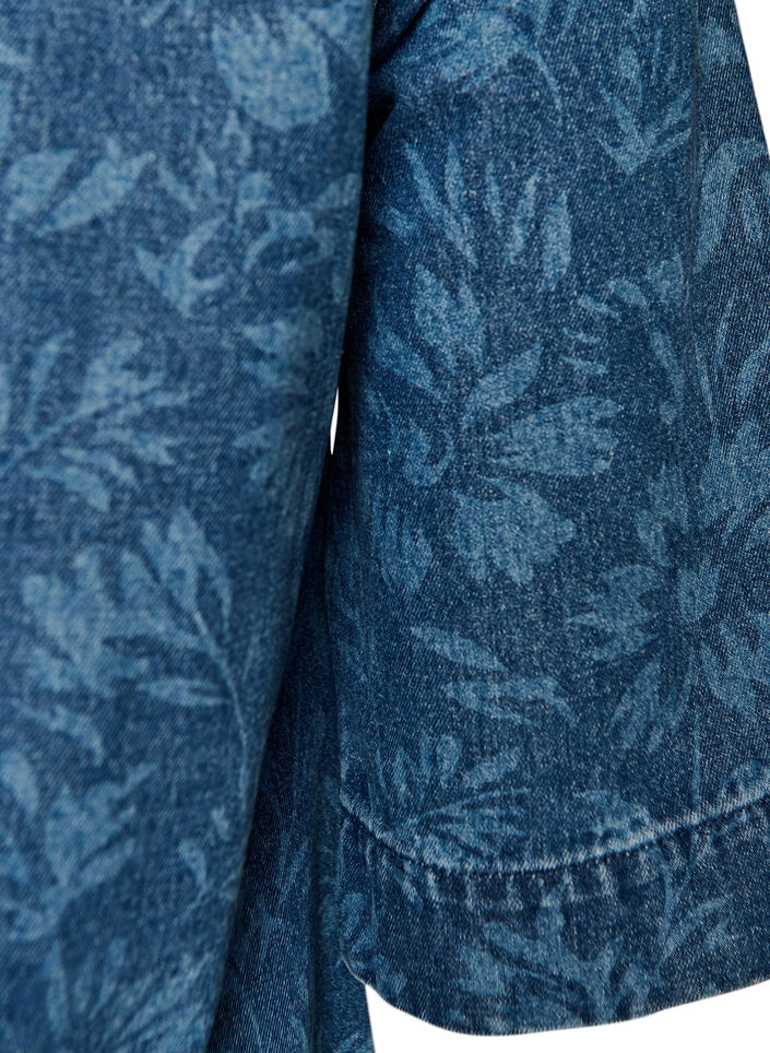 Denimjurk met bloemenprint en borstzakken, Blauw, Packshot image number 3