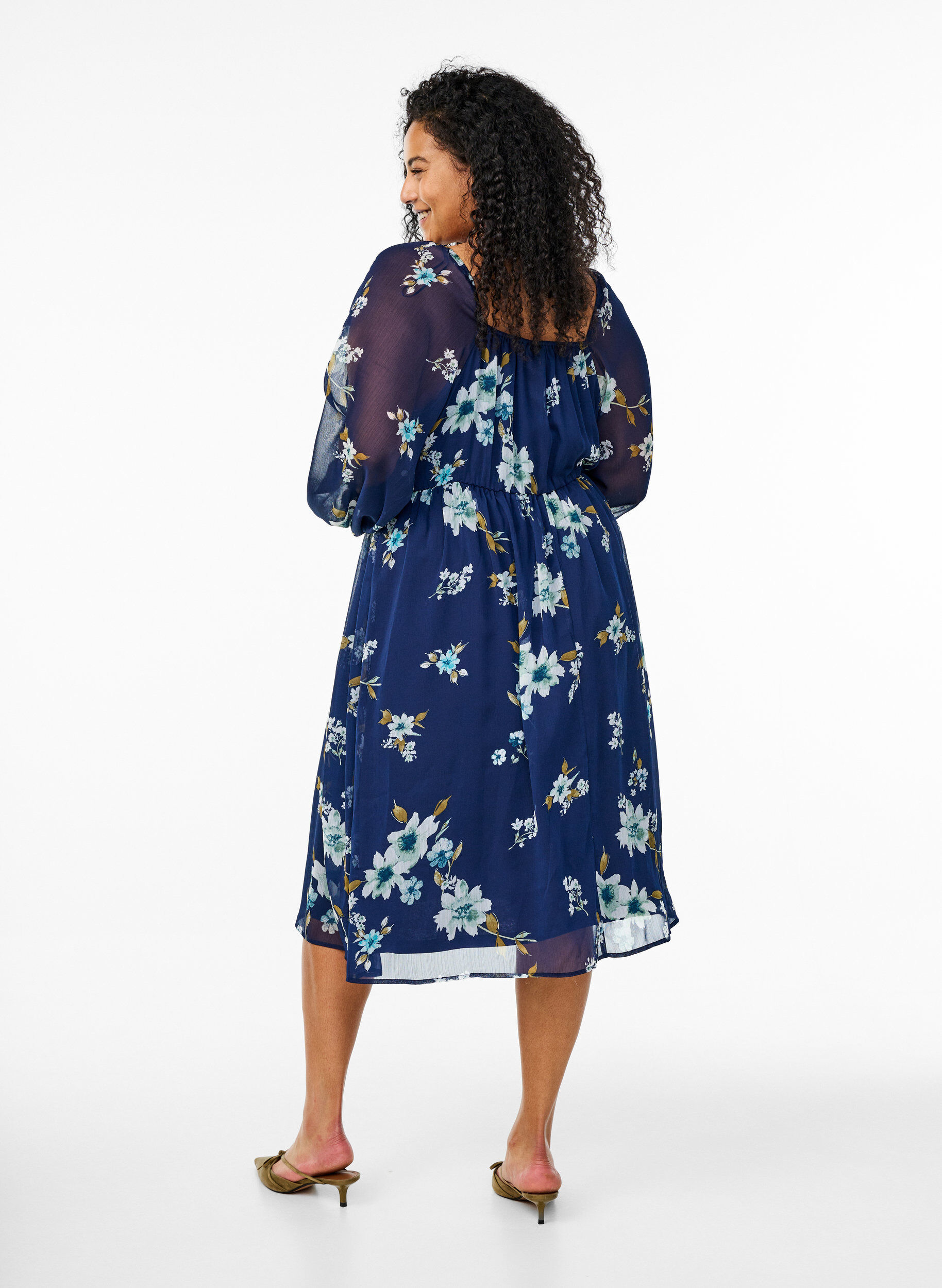 Zizzi Chiffon feestjurk met lange mouwen, Blauw, Model image number 2