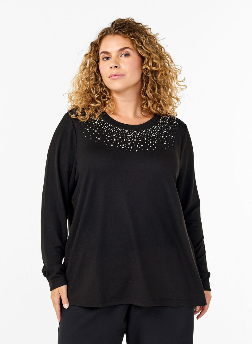 Blouse met parelversiering, Black, Model image number 0