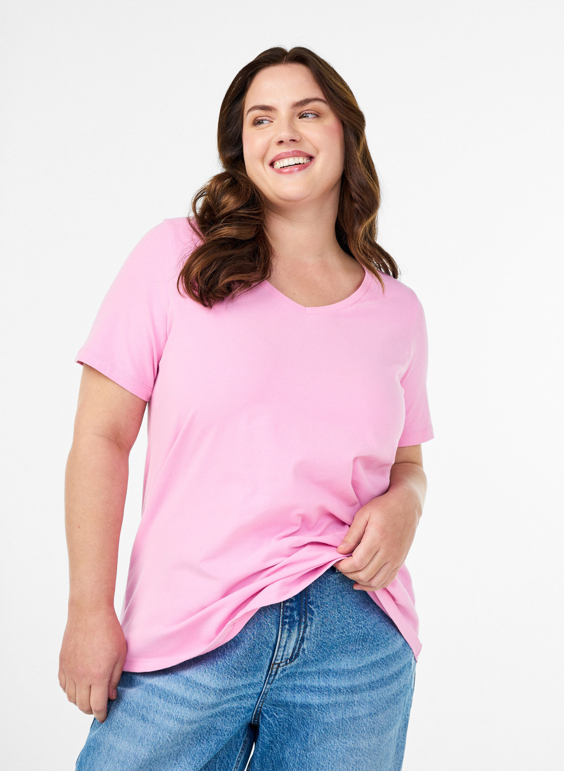 Effen basis T-shirt van katoen, Roze, Model