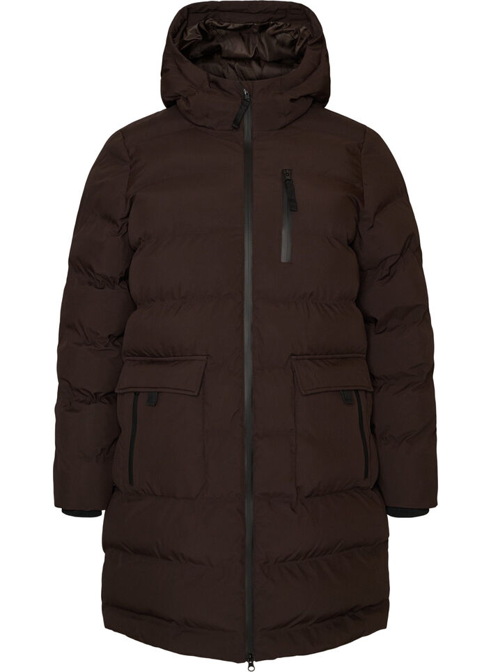Pufferjas met capuchon en zakken, Bruin, Packshot image number 0