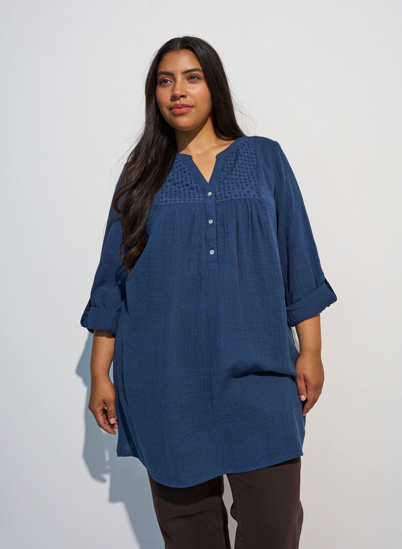 Katoenen mousseline tuniek met broderie anglaise, Blauw, Model image number 0