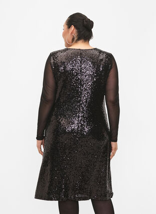 A-lijn jurk met pailletten en lange mouwen, Black, Model image number 1
