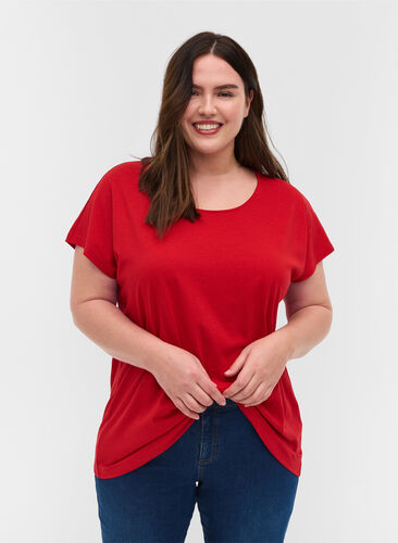 T-shirt met mix van katoen, Tango Red, Model image number 0