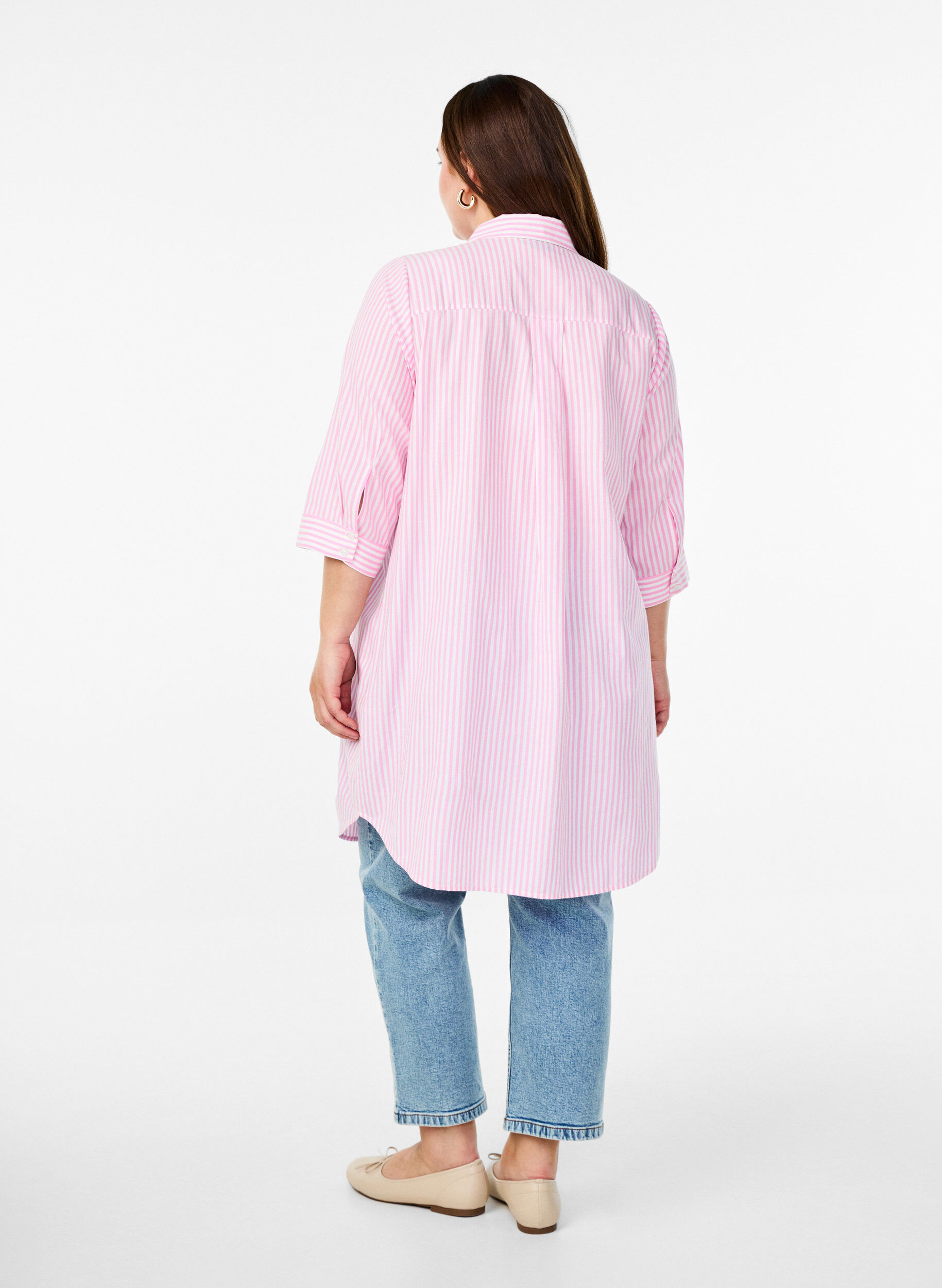 Zizzi Lang gestreept shirt met 3/4 mouwen, Roze, Model image number 2