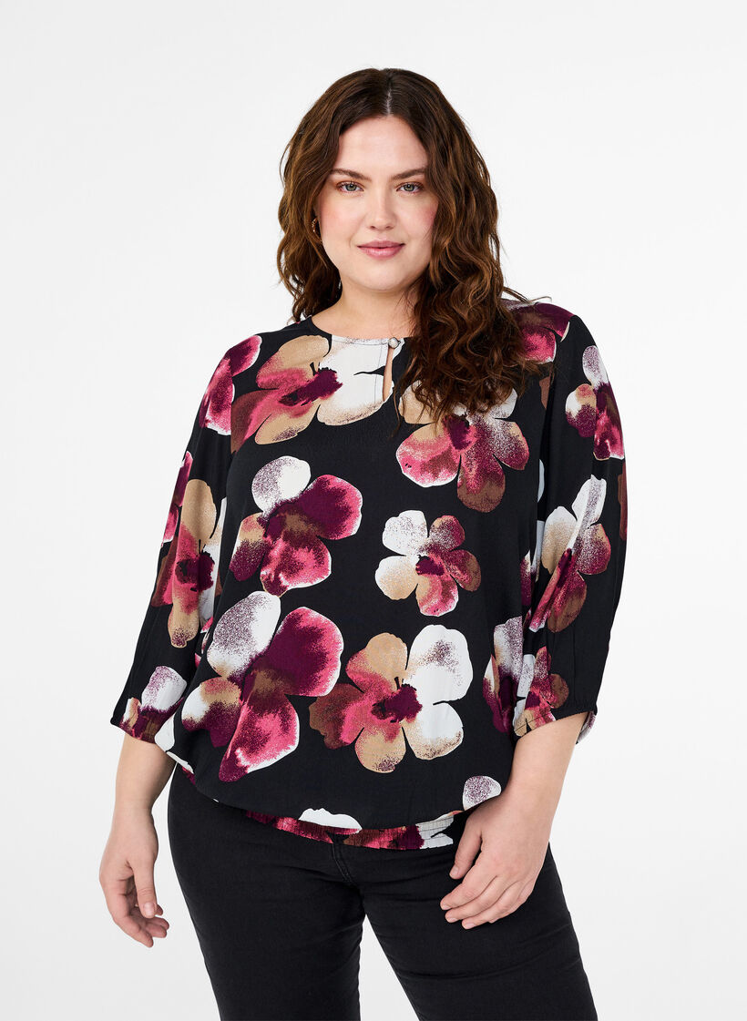 Viscose blouse met print en smok, Zwart, Model image number 0