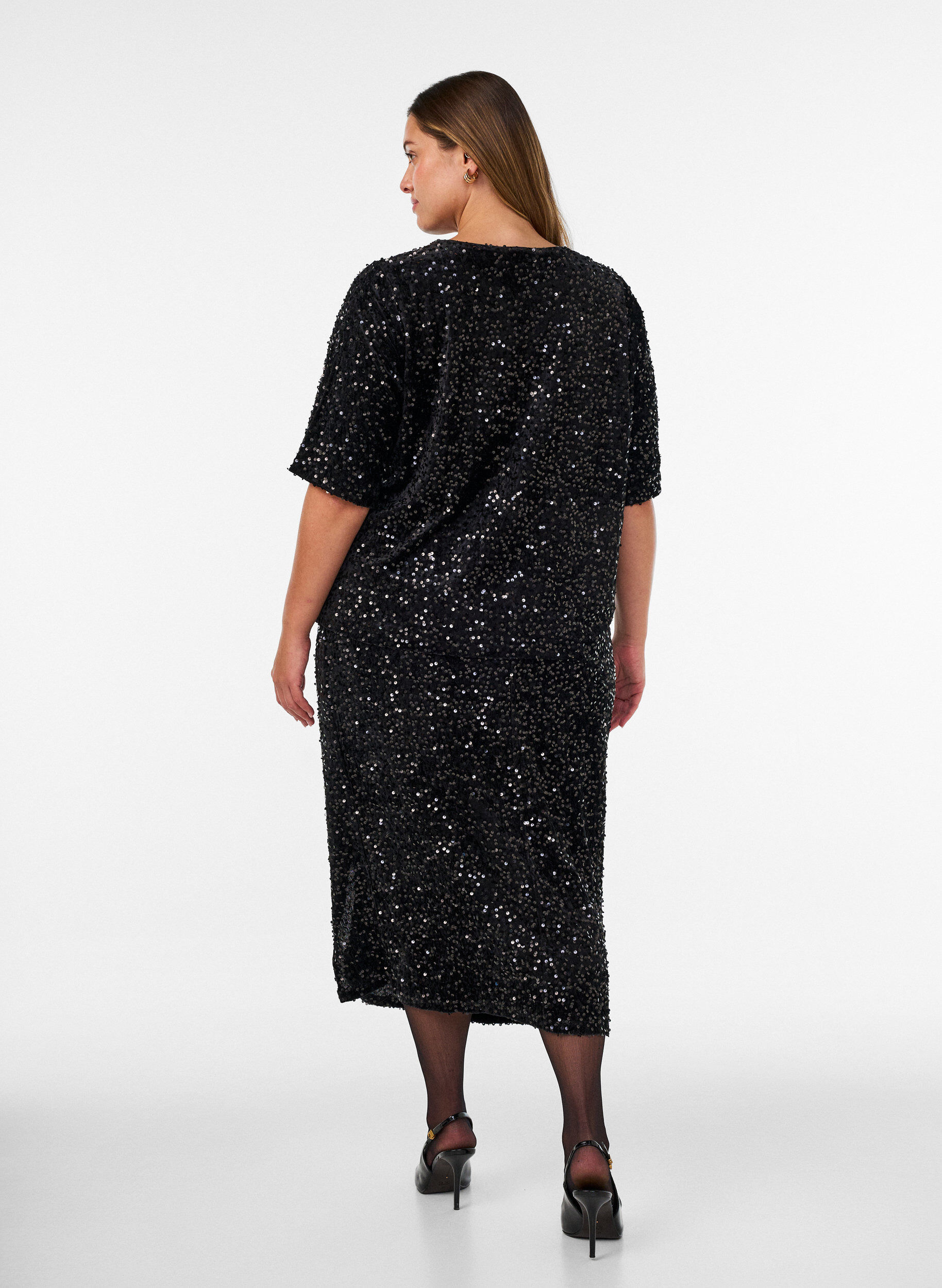 ZizziMidirok met pailletten en splitten, Zwart, Model image number 1