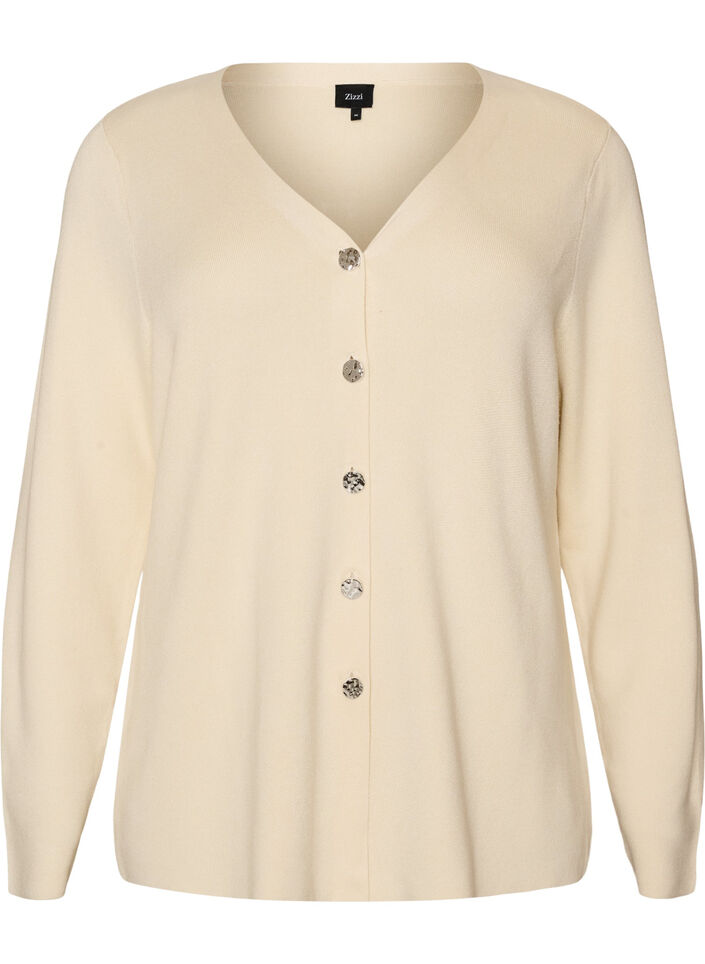 Fijngebreide cardigan met decoratieve knopen, Vanille, Packshot image number 0
