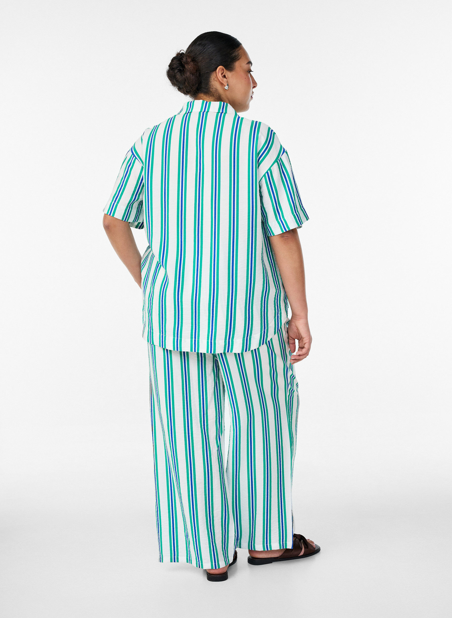 ZizziGestreepte broek met hoge taille en wijde pijpen, Vanille, Model image number 2