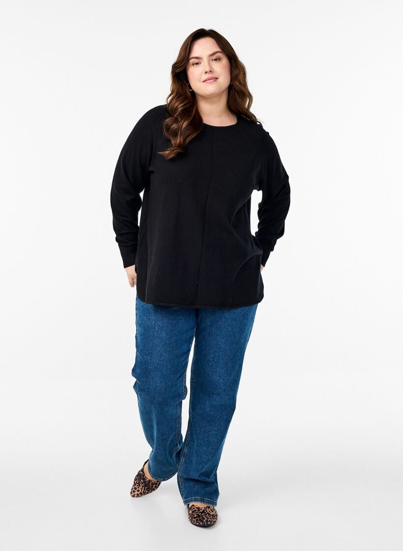 Gebreide blouse met ronde hals en gebreid patroon, Zwart, Model image number 1