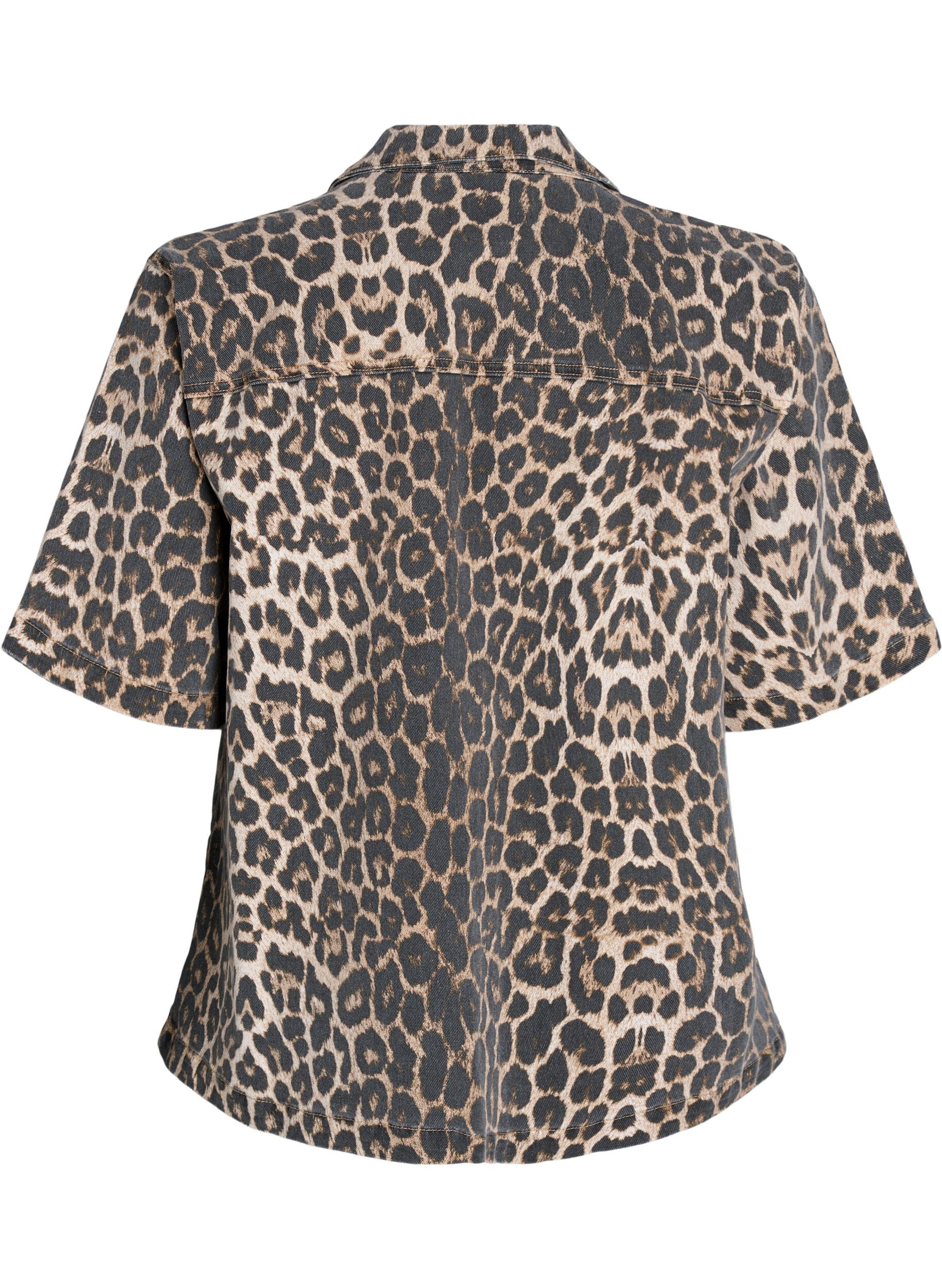 Zizzi Luipaardprint denim blouse met kraag en halflange mouwen, Bruin, Packshot image number 1
