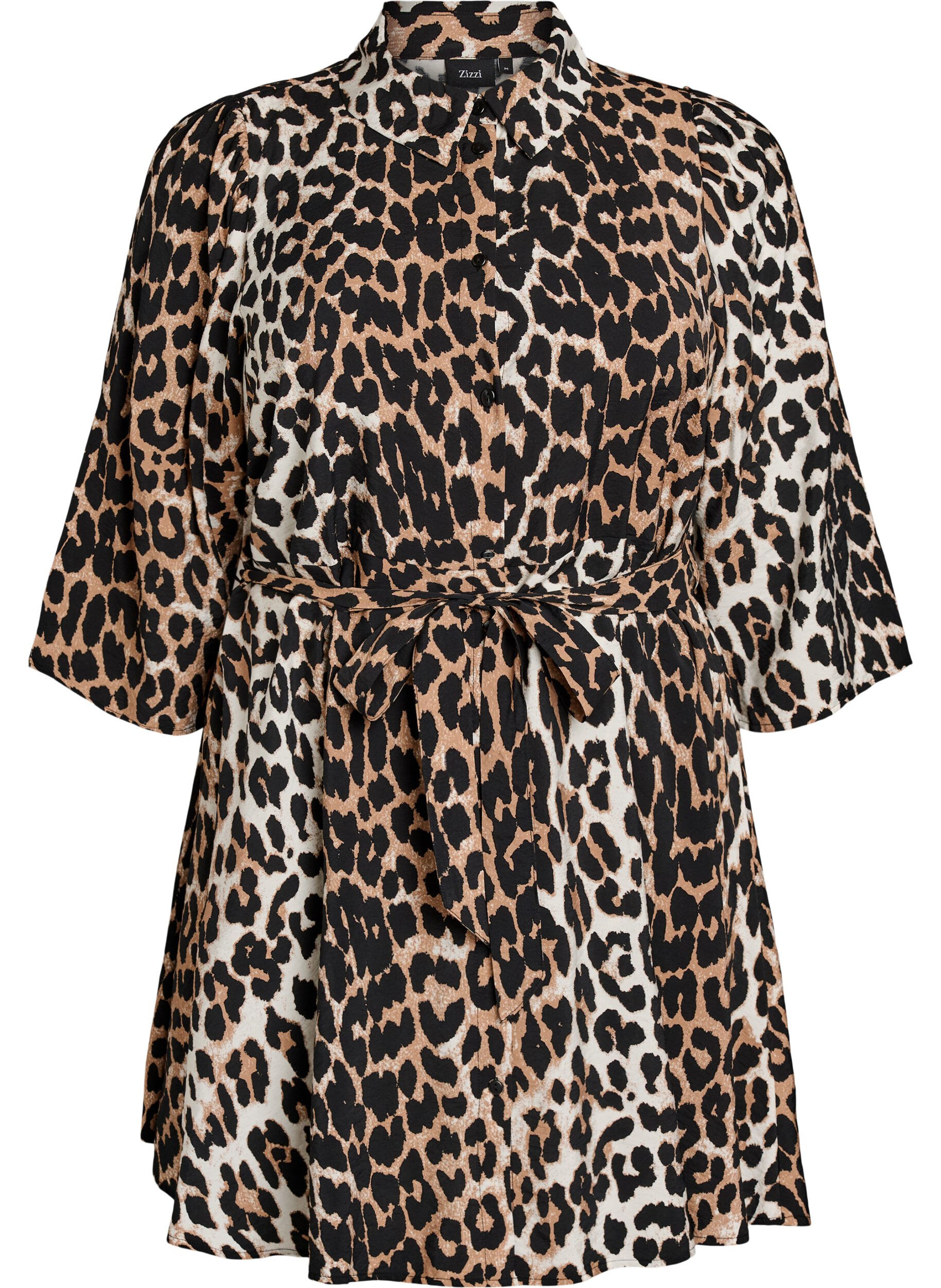 Patterned tunic with a tie-belt and 3/4 sleeves