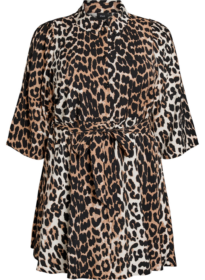 Gedessineerde tuniek met strikceintuur en 3/4-mouwen, Brown, Packshot image number 0