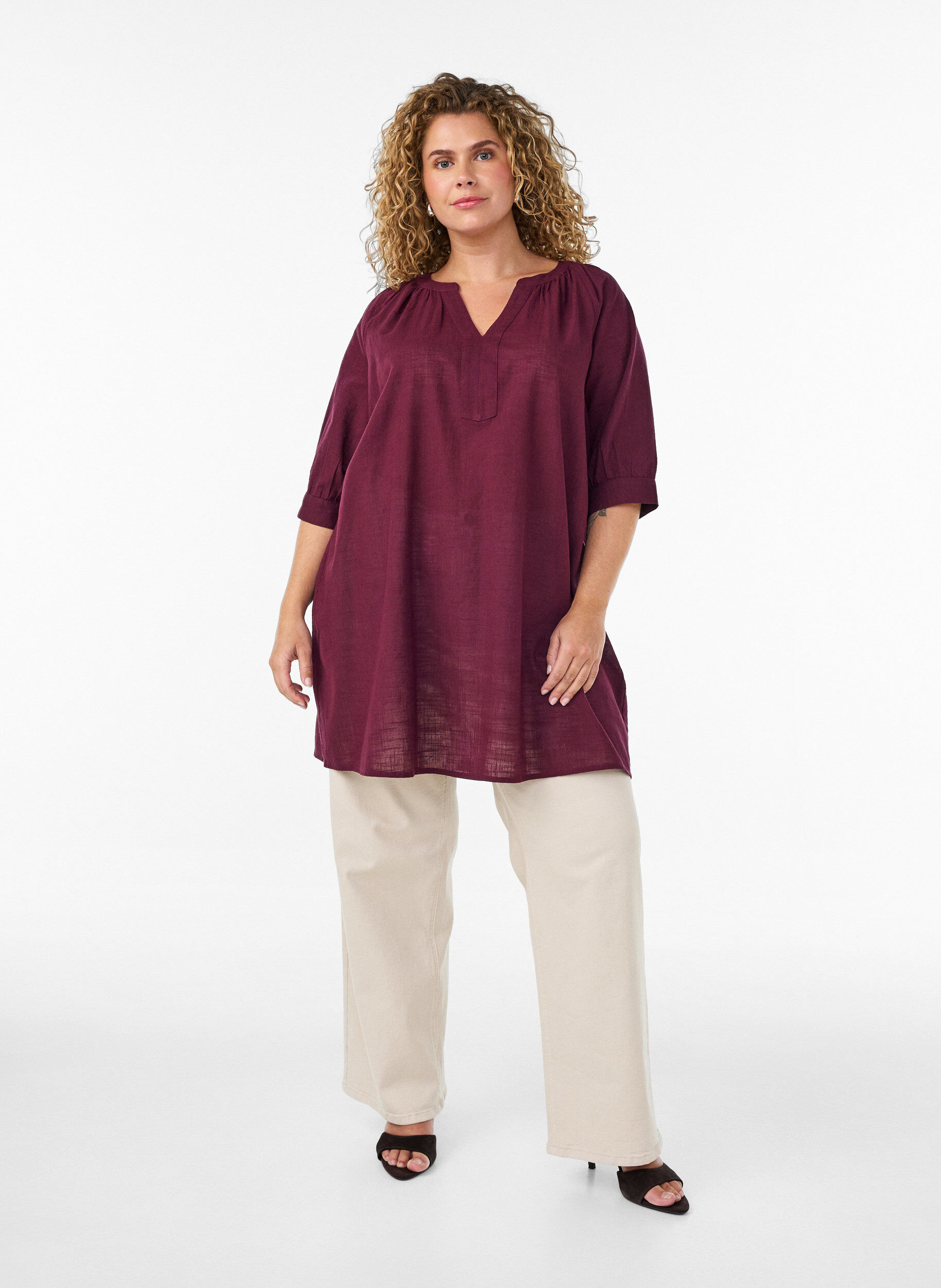 ZizziKatoenen tuniek met V-hals, Rood, Model image number 1