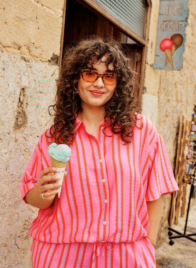 Gestreepte viscose shirt met korte mouwen, Roze, Image image number 0