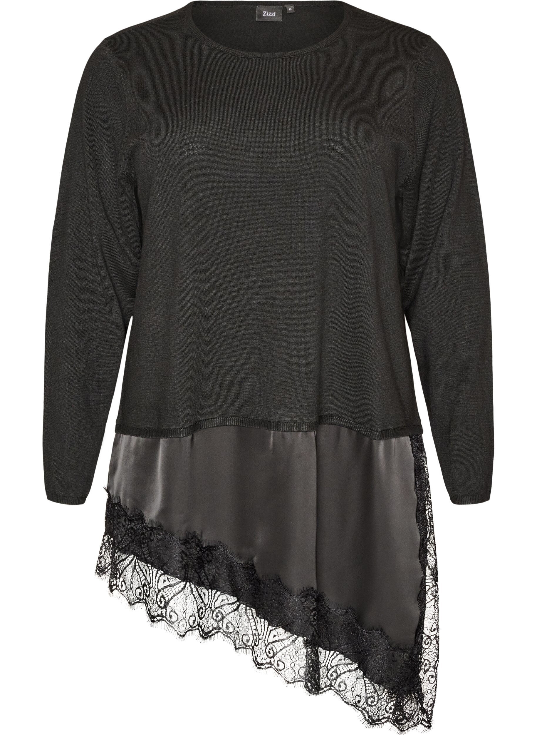 ZizziGebreide blouse met gelaagd effect en kanten rand, Zwart, Packshot image number 0