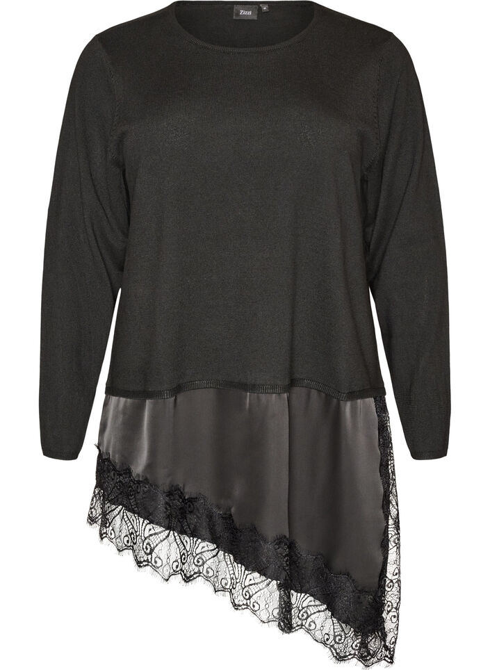 Gebreide blouse met gelaagd effect en kanten rand, Zwart, Packshot image number 0