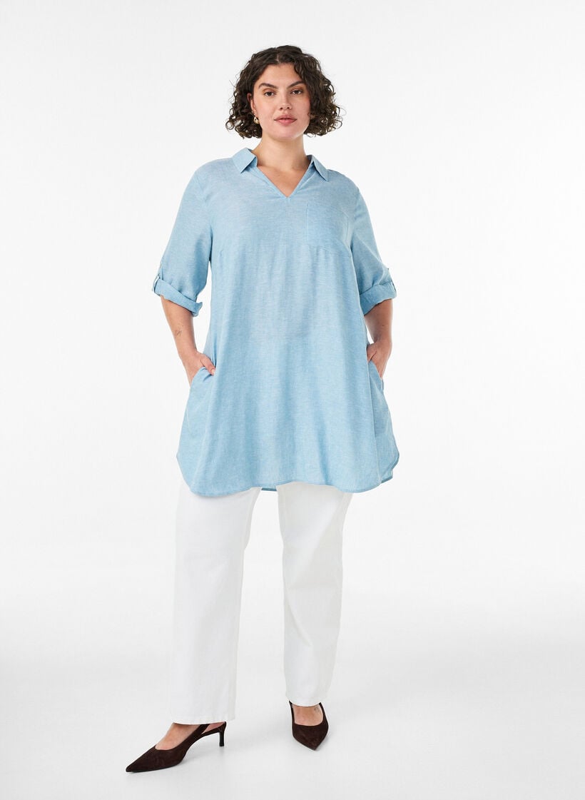 Tuniek van linnen en viscose met A-vorm, Blauw, Model image number 1