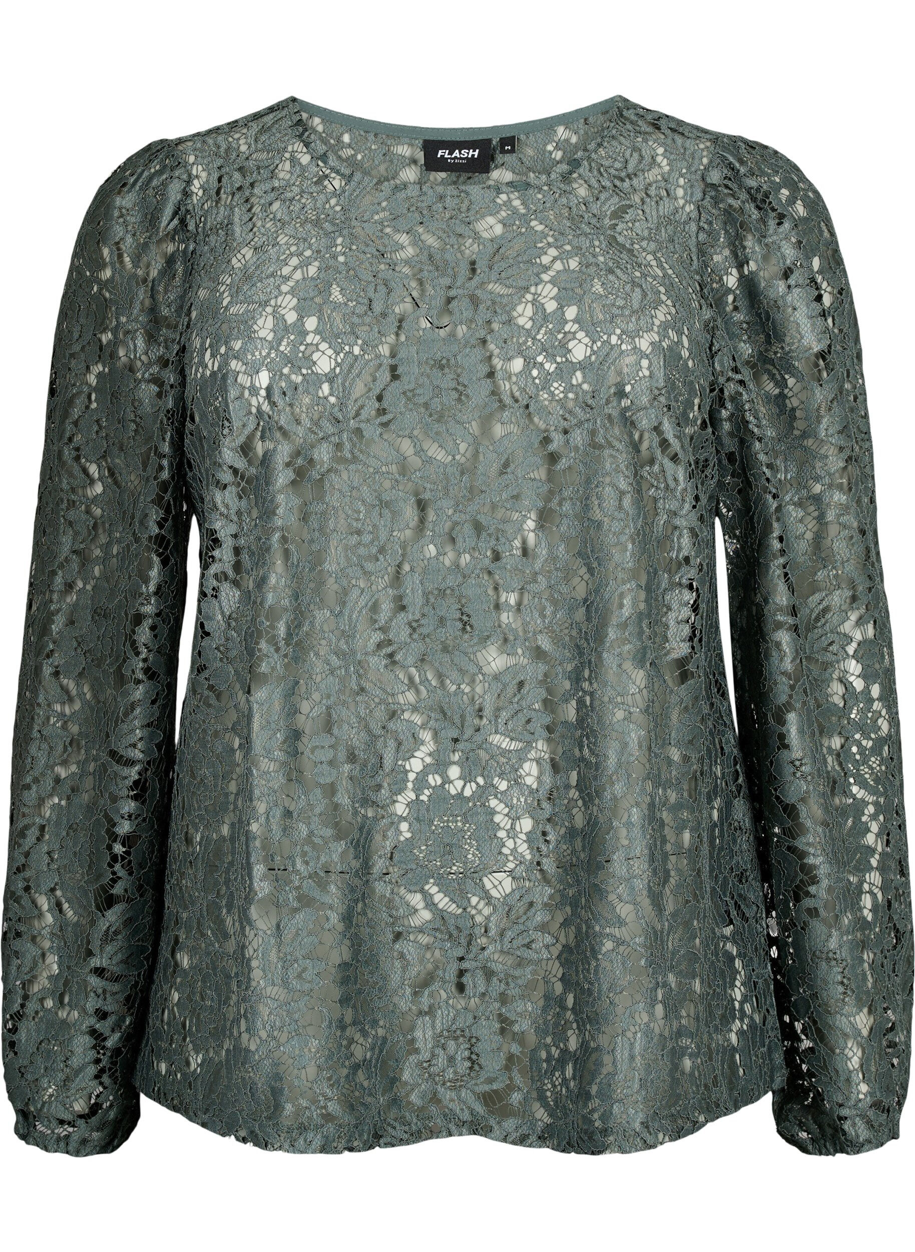 Zizzi FLASH - Kanten blouse met lange mouwen, Balsam Green, Packshot image number 0