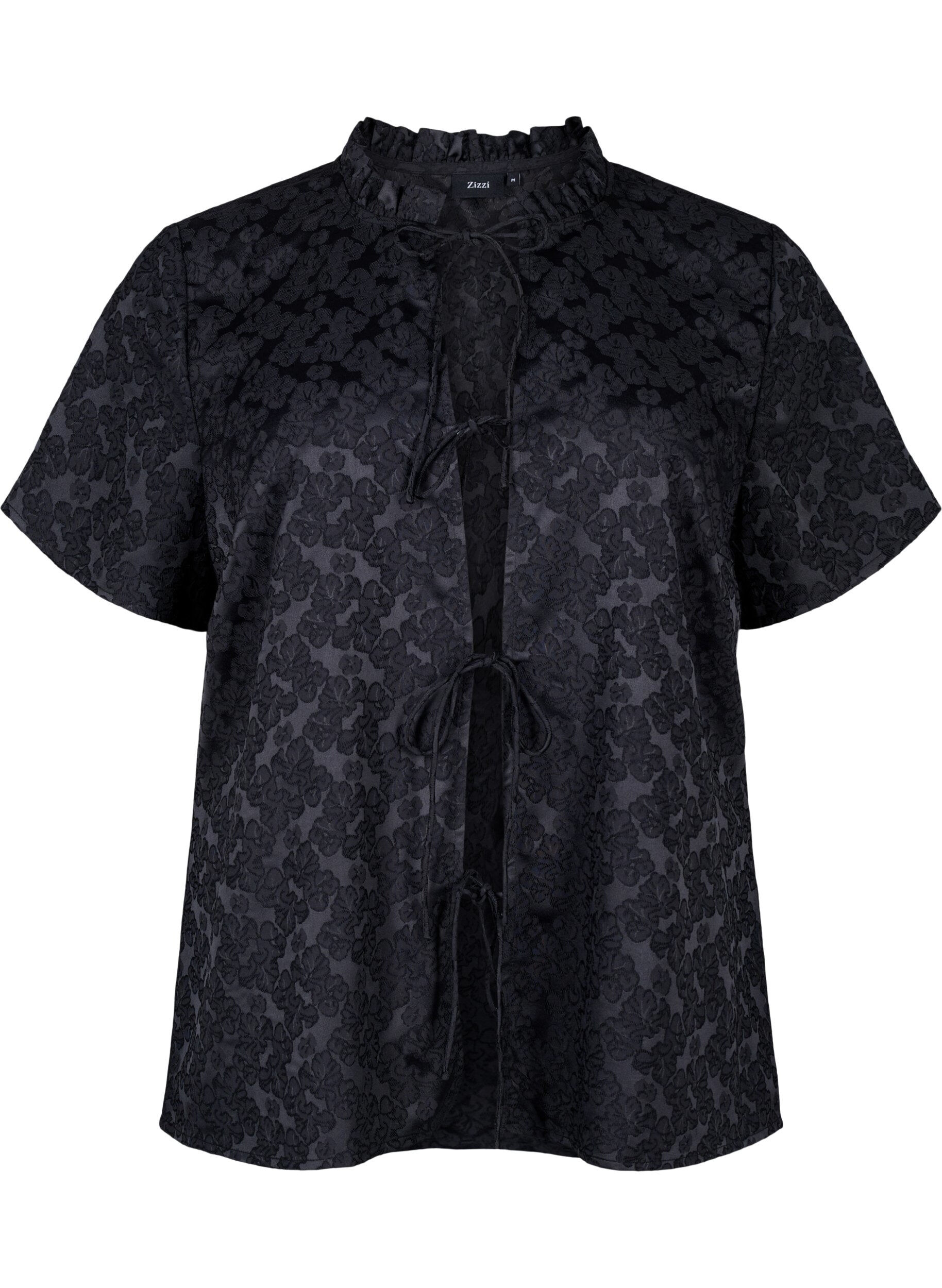 Zizzi Jacquard blouse met korte mouwen en strikjes, Zwart, Packshot image number 0