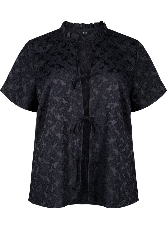 Jacquard blouse met korte mouwen en strikjes, Zwart, Packshot image number 0