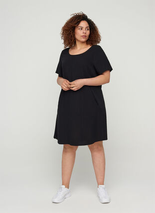 Viscose jurk met korte mouwen en zakken, Black, Model image number 2