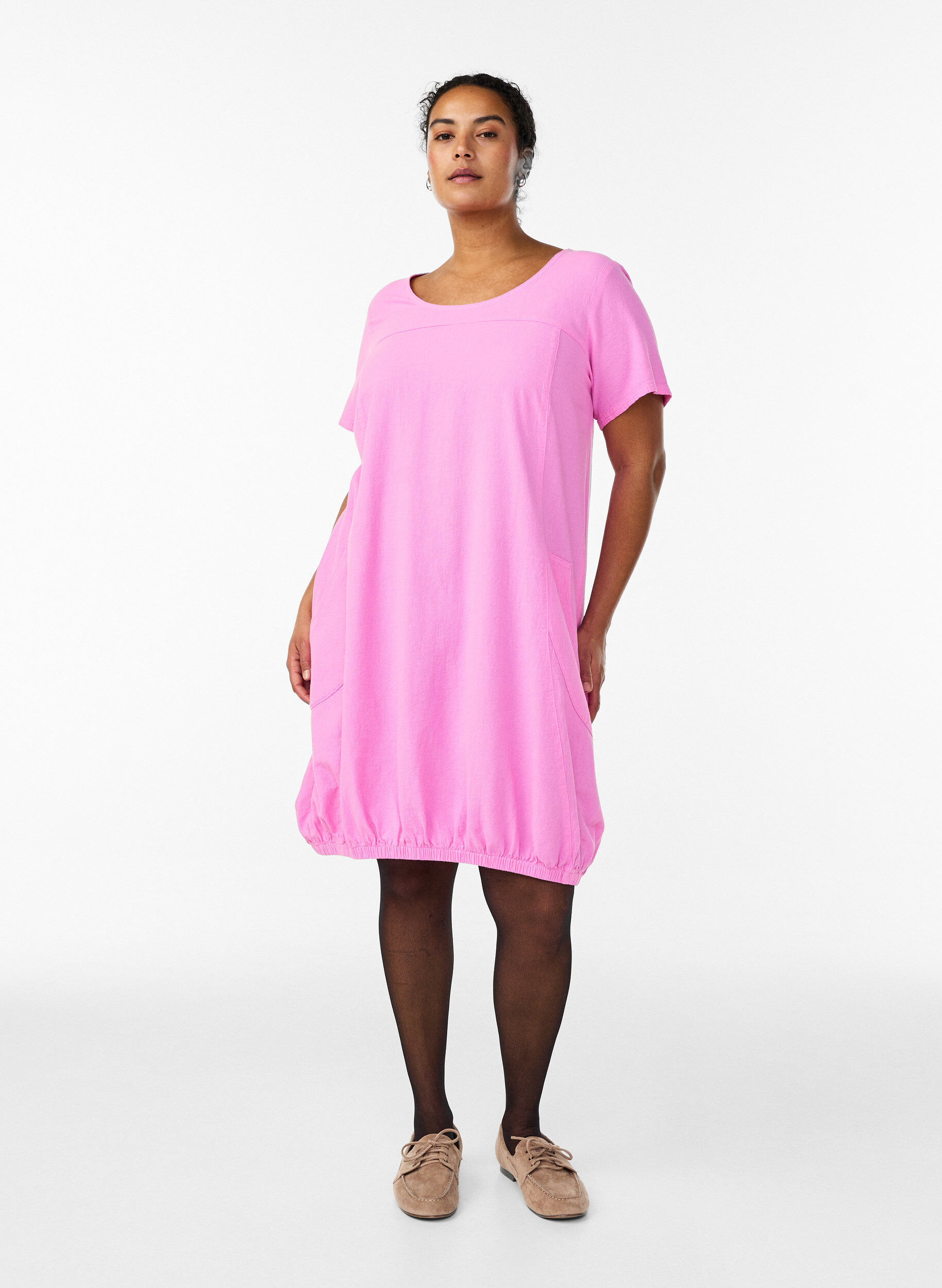 ZizziKatoenen jurk met korte mouwen, Roze, Model image number 1