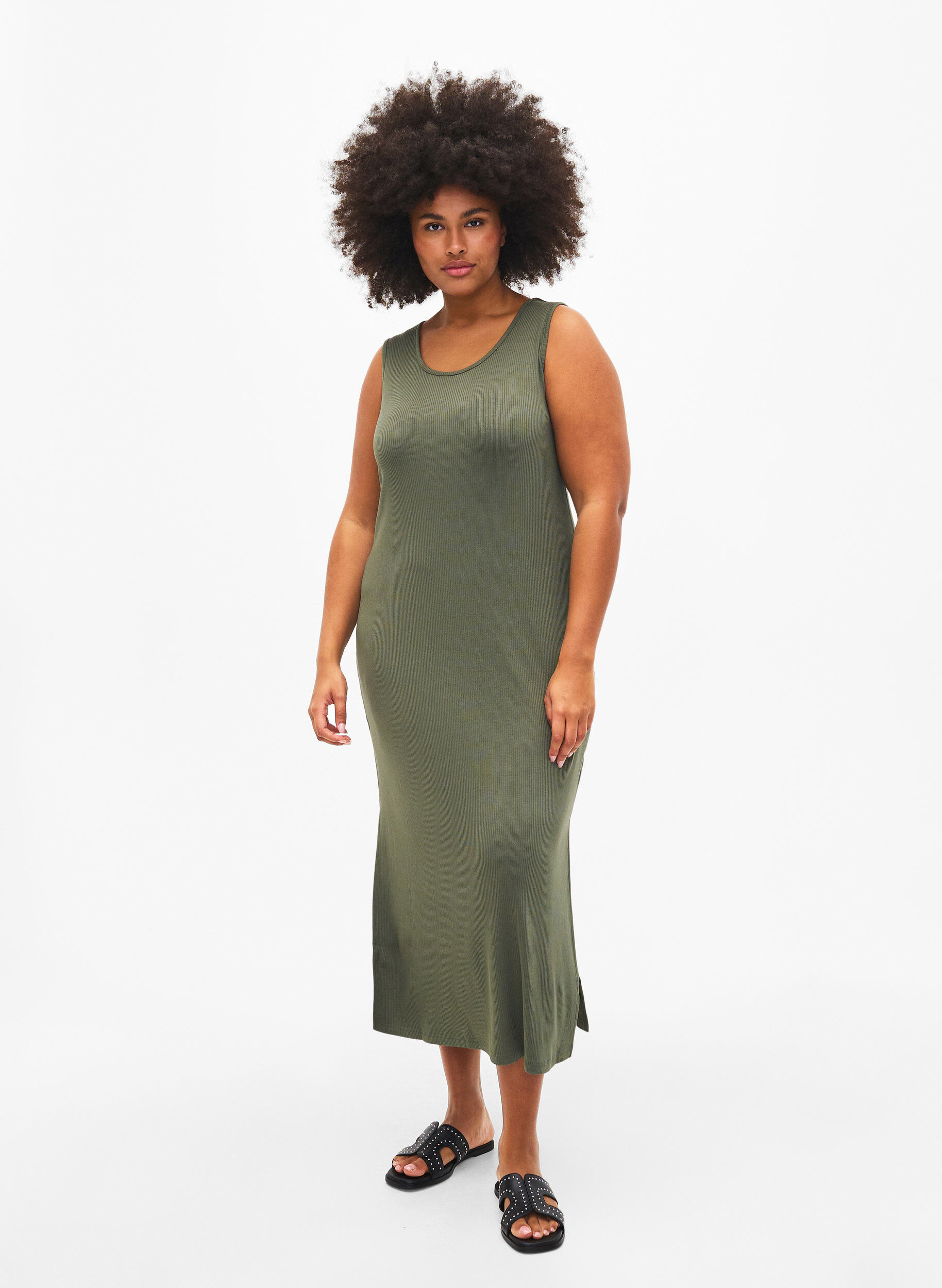 Zizzi Mouwloze, geribde jurk van viscose, Groen, Model image number 0