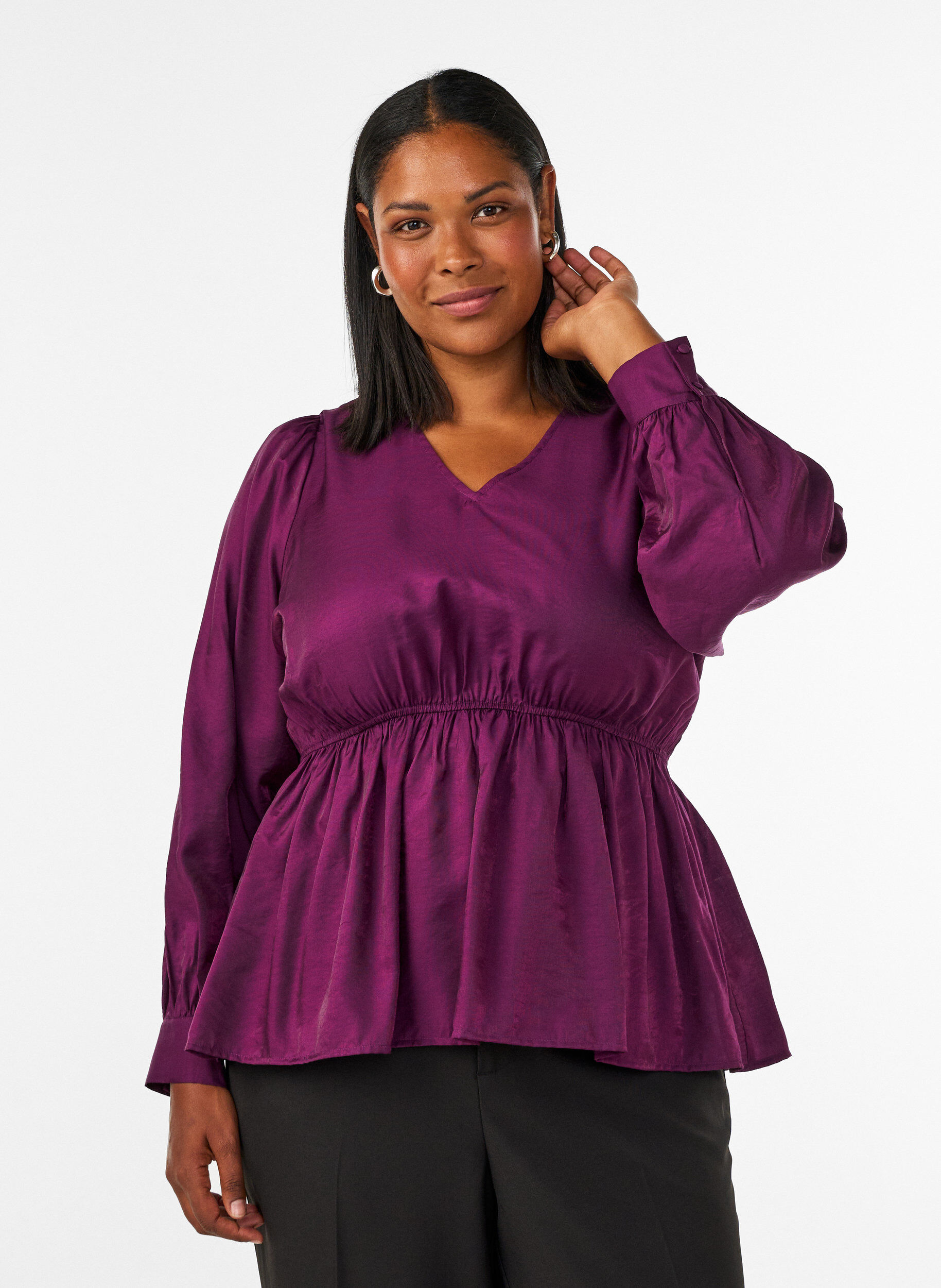 ZizziGlanzende viscose blouse met peplumeffect, Paars, Model image number 0