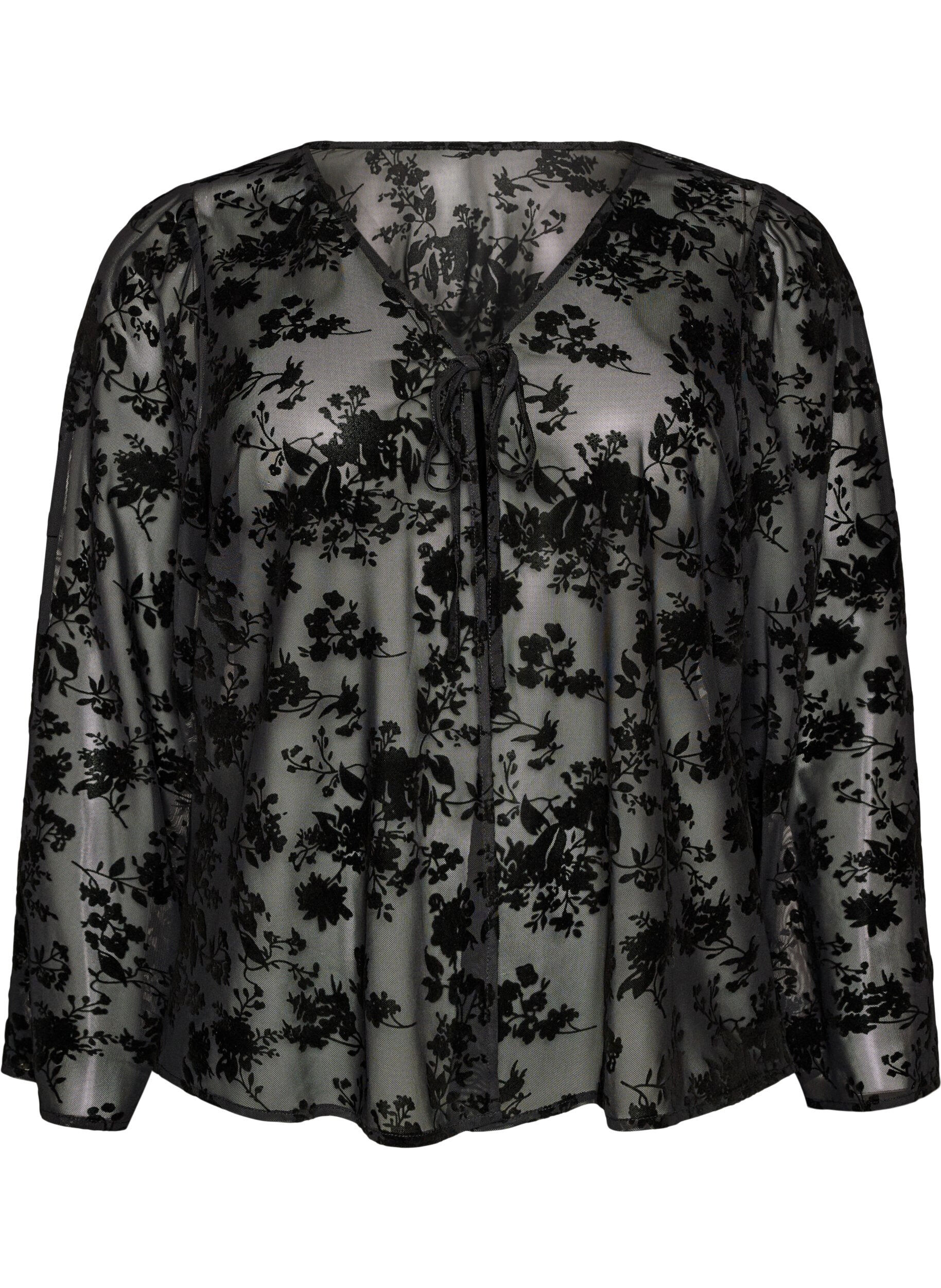 ZizziMesh blouse met bloemenpatroon en open voorkant, Zwart, Packshot image number 0