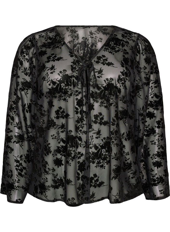 Mesh blouse met bloemenpatroon en open voorkant, Zwart, Packshot image number 0