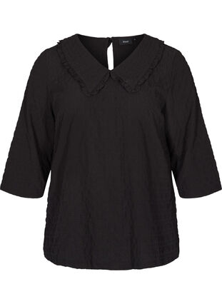 Geruite blouse met 3/4-mouwen en kraag met ruches, Black, Packshot image number 0