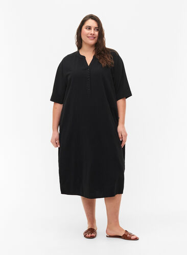 FLASH - Midi jurk met korte mouwen in katoen, Black, Model image number 0