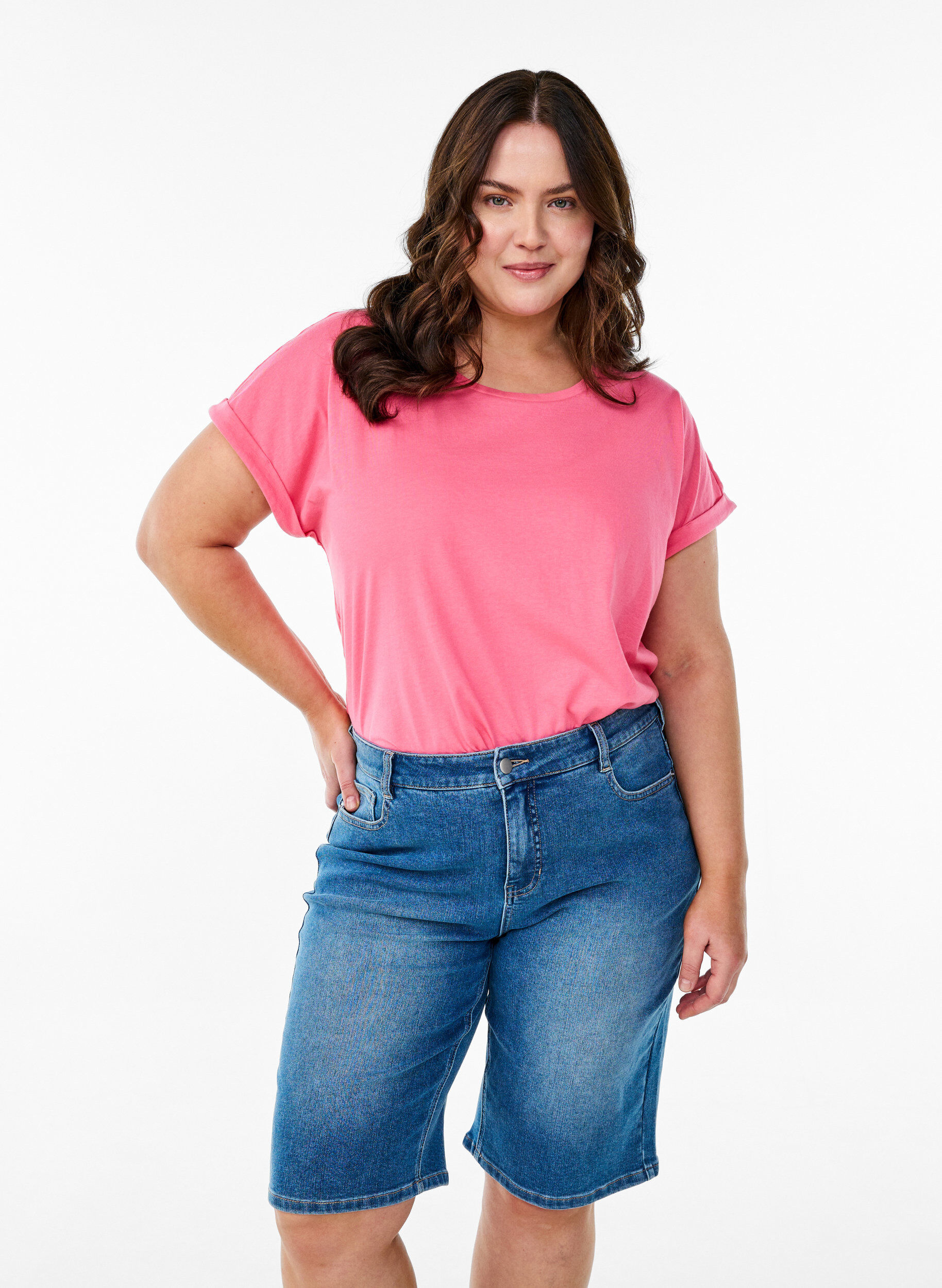 High waist denim Bermuda shorts, Blauw, Model