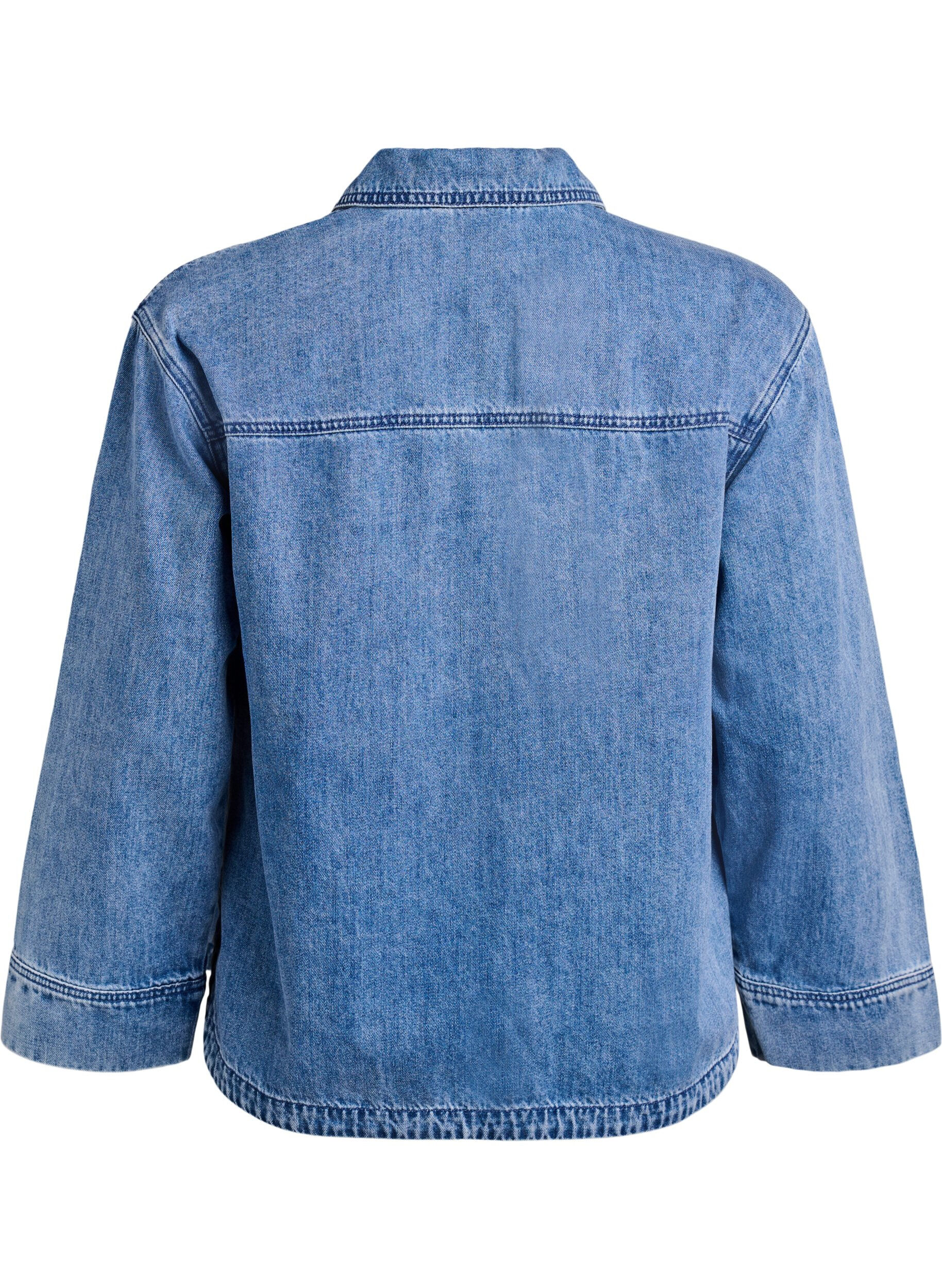 Zizzi Losse denim blouse met kraag en V-hals, Blauw, Packshot image number 1
