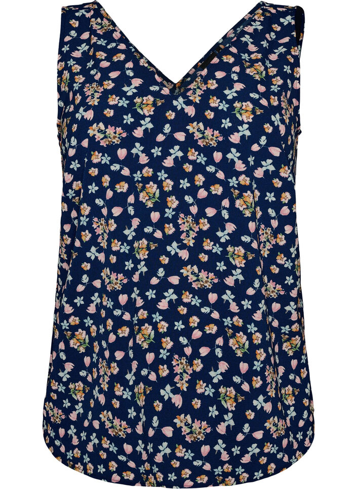 Top met print en V-hals, Blauw, Packshot image number 0