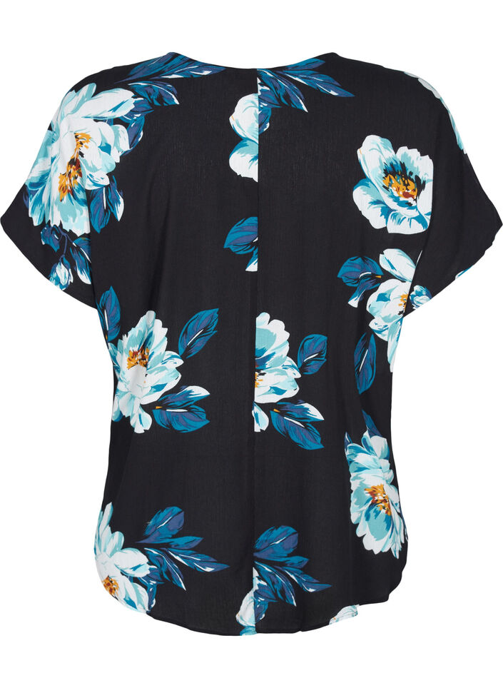Viscose top met korte mouwen en bloemenprint, Black Big Flower, Packshot image number 1