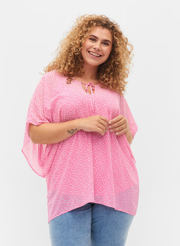 Bedrukte blouse met strikkoord en korte mouwen, Pink Ditzy Flower, Model image number 0