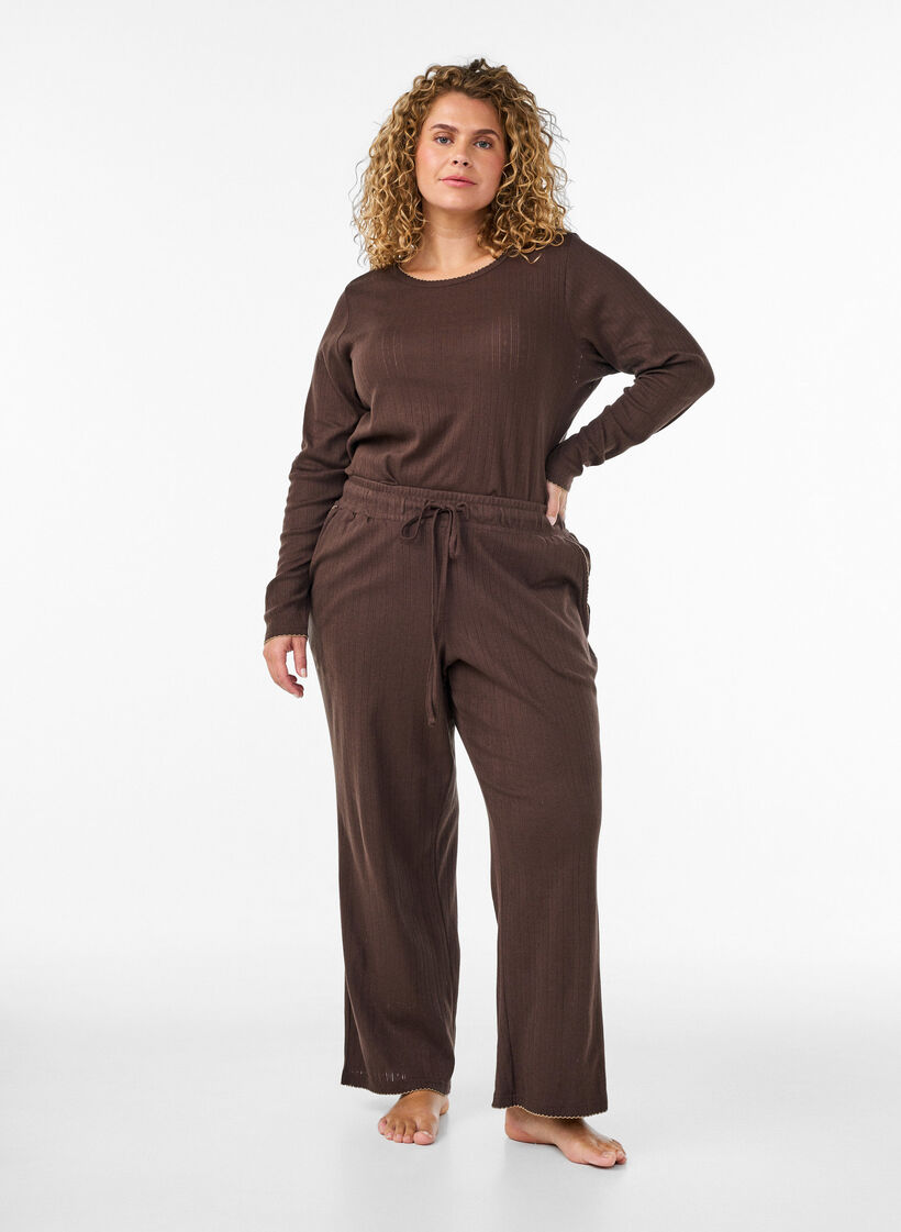 Organisch katoenen pyjamatop met oogjesborduurwerk, Bruin, Model image number 1
