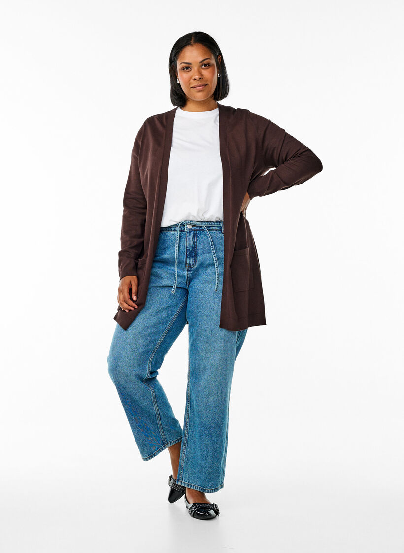 Lang gebreid vest van een viscose mix, Bruin, Model image number 1