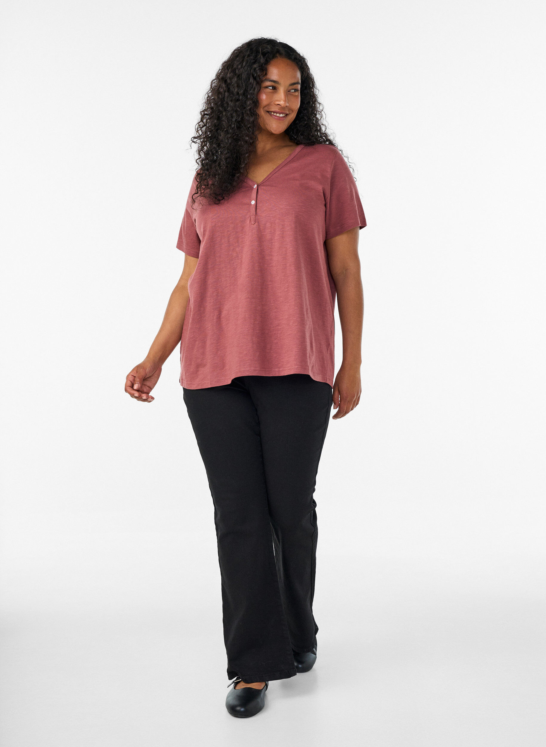 ZizziT-shirt met knoopdetail, Bruin, Model image number 1
