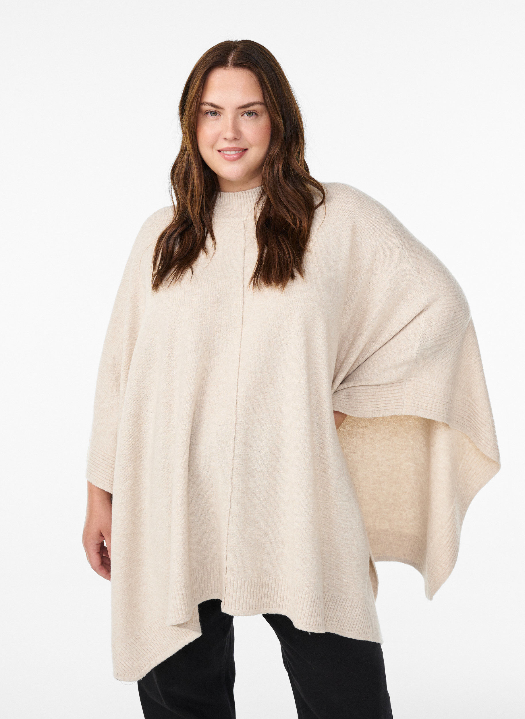 Poncho met geribde details en een ronde hals, Beige, Model