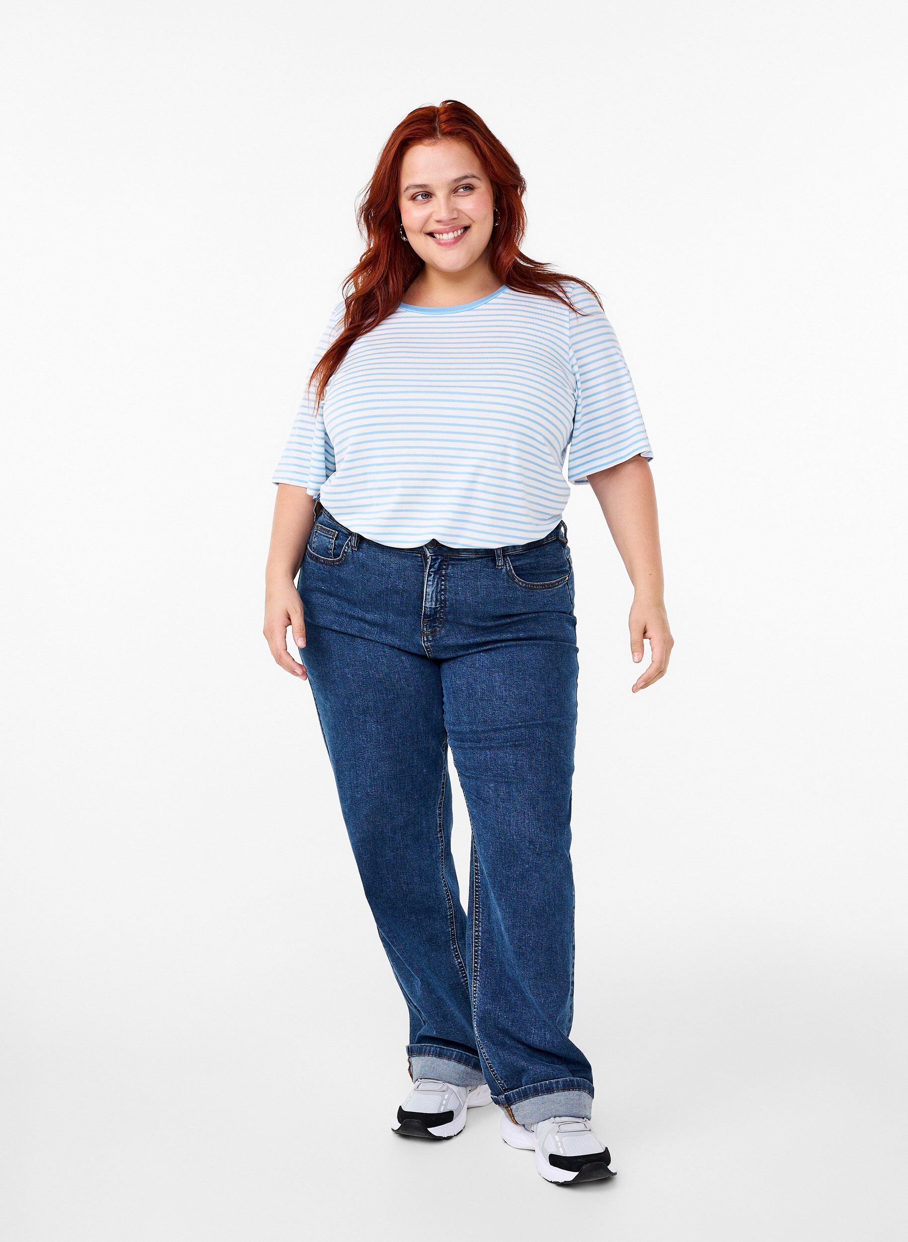 Zizzi Gestreept T-shirt van lyocell met ronde hals, Blauw, Model image number 1