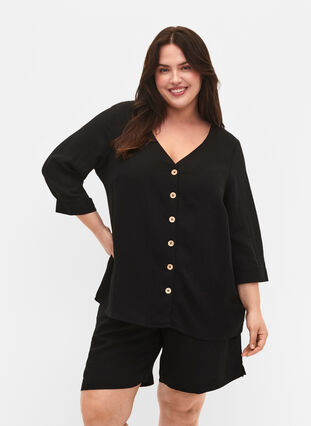 Viscose blouse met knopen en v-hals, Black, Model image number 0