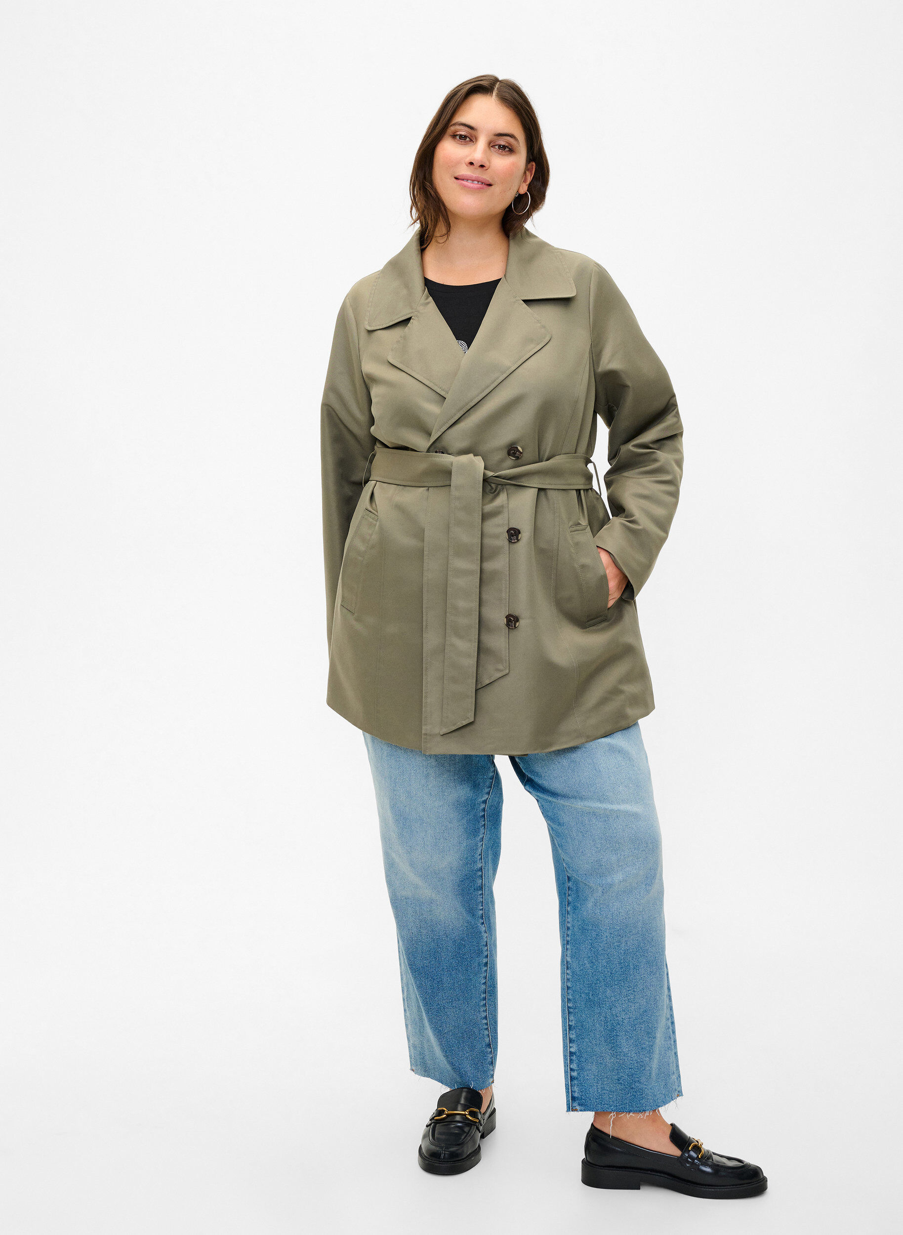 Zizzi Korte trenchcoat met riem, Groen, Model image number 1